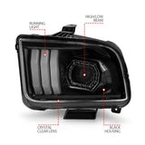 Black housing projector headlights with light bar for Ford Mustang, sleek aftermarket look