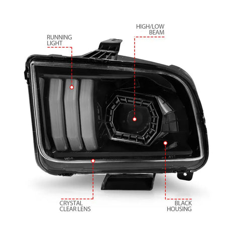 Black housing projector headlights with light bar for Ford Mustang, sleek aftermarket look