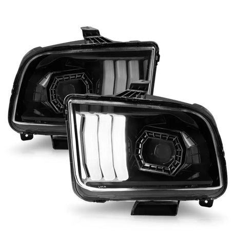 Black aftermarket projector headlights with light bar for Ford Mustang, sleek LED daytime running lights
