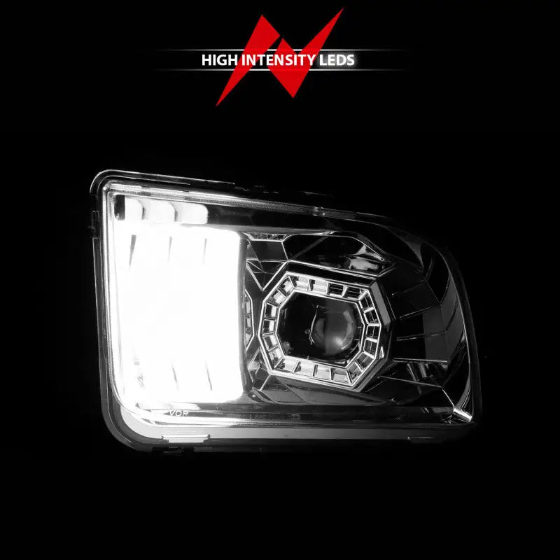 Chrome-finished Ford Mustang projector headlights with bright white LED light bar
