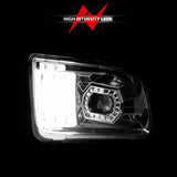 Chrome-finished Ford Mustang projector headlights with bright white LED light bar