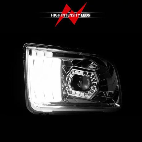 Chrome-finished Ford Mustang projector headlights with bright white LED light bar