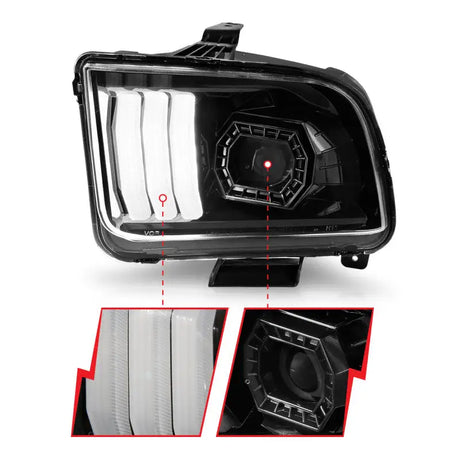 Black Ford Mustang projector headlights with LED light bar and integrated daytime running lights