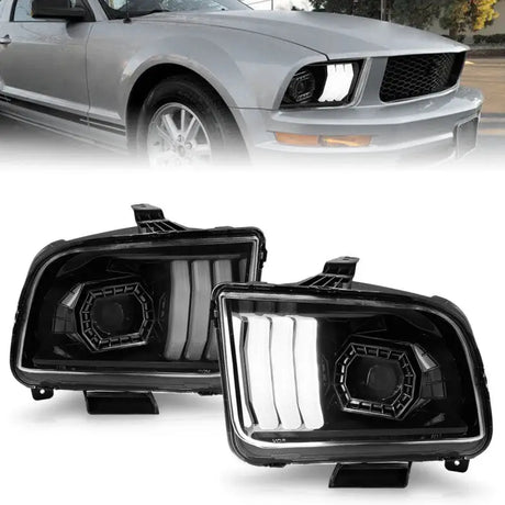 Aftermarket projector headlights with light bar for Ford Mustang ANZO 05-09 Black Housing