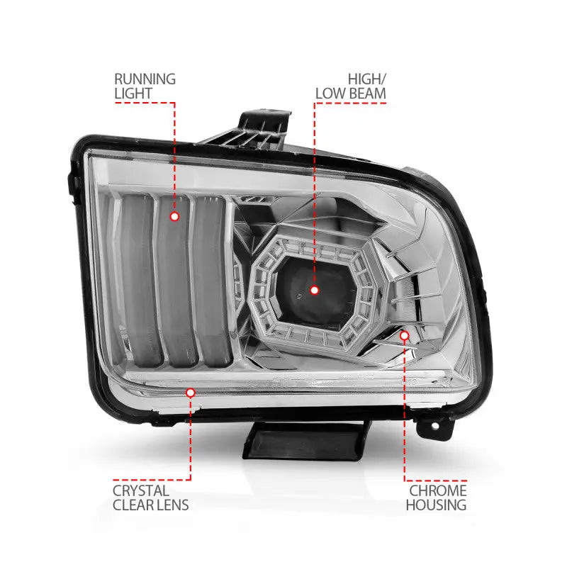 Chrome housing projector headlights with light bar for Ford Mustang, clear lens, high/low beams