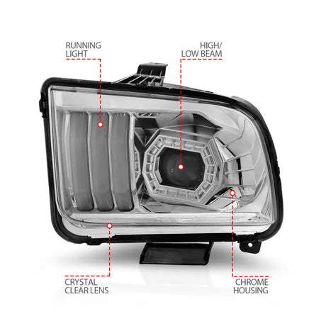 Chrome housing projector headlights with light bar for Ford Mustang, clear lens, high/low beams
