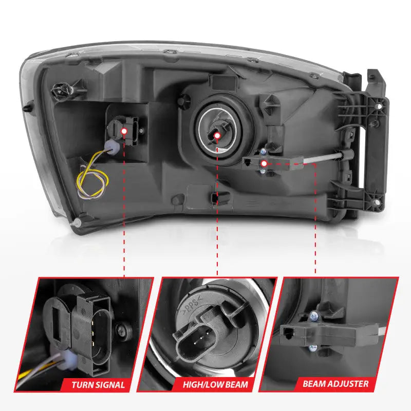 Rear view of Anzo Dodge Ram headlights with labeled connections for switchback light bars and chrome housing
