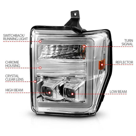 ANZO 08-10 Ford F-250 - F-550 Super Duty Projector Headlights w/ Light Bar Switchback Chrome Housing - Truck &