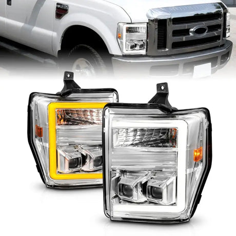 ANZO 08-10 Ford F-250 - F-550 Super Duty Projector Headlights w/ Light Bar Switchback Chrome Housing - Truck &