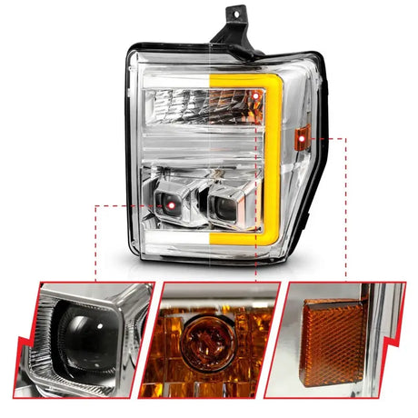 ANZO 08-10 Ford F-250 - F-550 Super Duty Projector Headlights w/ Light Bar Switchback Chrome Housing - Truck &