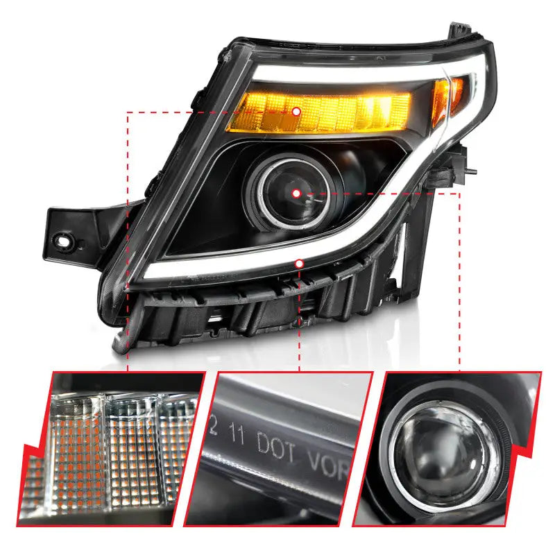 ANZO 11-15 Ford Explorer (w/Factory Halogen HL Only) Projector Headlights w/Light Bar Black Housing - Truck & Automotive