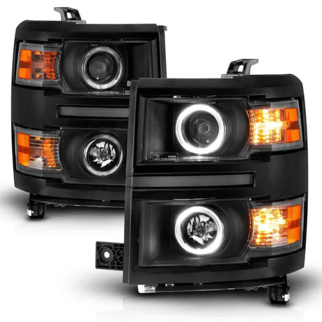 Black housing projector headlights with LED halo rings for Chevrolet Silverado 1500