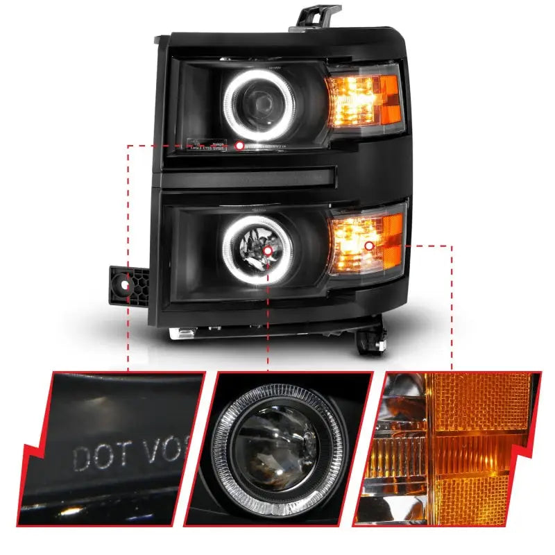 Black Chevrolet Silverado projector headlights with LED halo rings and amber turn signals
