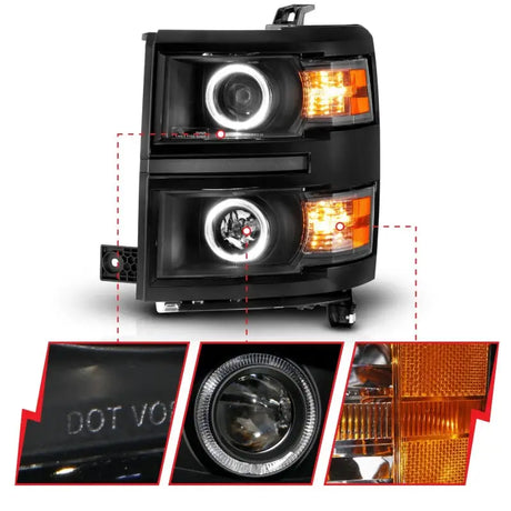 Black Chevrolet Silverado projector headlights with LED halo rings and amber turn signals