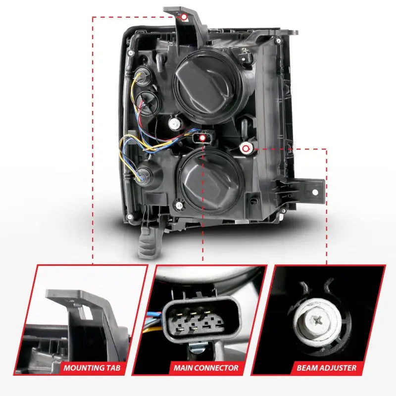 Rear view of Chevrolet Silverado projector headlights with black housing and mounting tabs