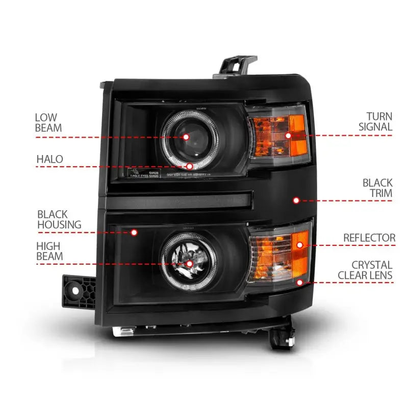 Black housing projector headlights with halo rings for Chevrolet Silverado 1500