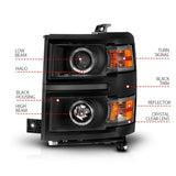 Black housing projector headlights with halo rings for Chevrolet Silverado 1500