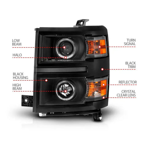 Black housing projector headlights with halo rings for Chevrolet Silverado 1500