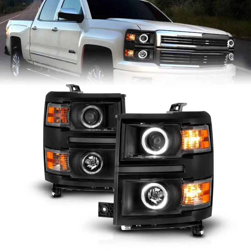 Chevrolet Silverado projector headlights with black housing and LED halos for a sleek look
