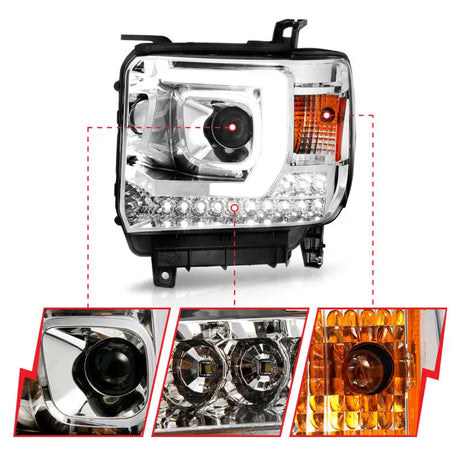 Chrome housing plank style projector headlights with LED DRLs and amber turn signals for GMC Sierra