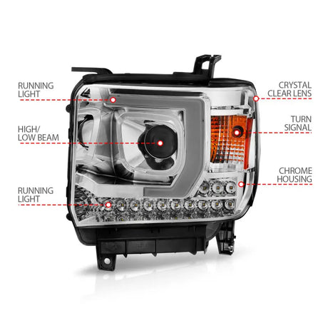 Chrome housing GMC Sierra plank style projector headlight with clear lens and LED signals
