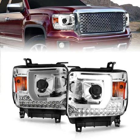 Chrome GMC Sierra plank style projector headlights with LED DRLs and amber turn signals
