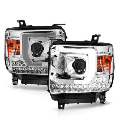GMC Sierra plank style projector headlights with chrome finish and LED daytime running lights
