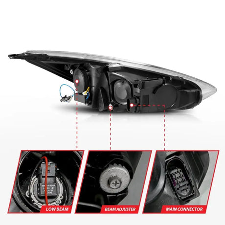 Ford Focus projector headlights with light bar switchback and labeled low beam parts