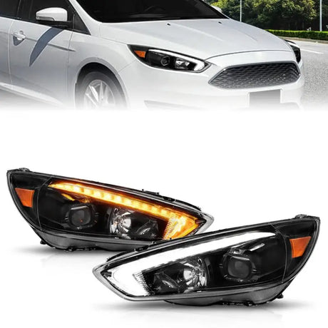 Ford Focus projector headlights with light bar switchback, amber turn signals, and LED DRLs