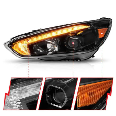 Ford Focus projector headlights with black housing, amber LEDs, and light bar switchback