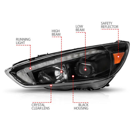 Black housing Ford Focus projector headlights with light bar switchback and clear lens