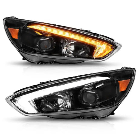 Black Ford Focus projector headlights with LED light bar switchback and amber/white LEDs