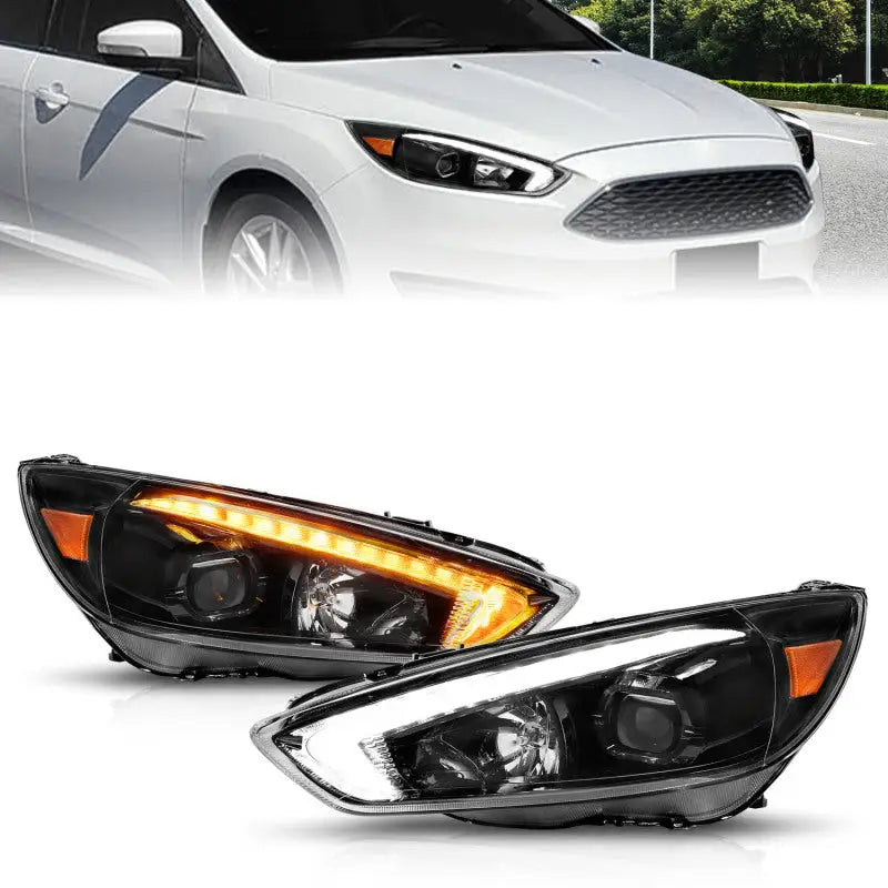 Aftermarket Ford Focus projector headlights with LED daytime running lights and light bar switchback