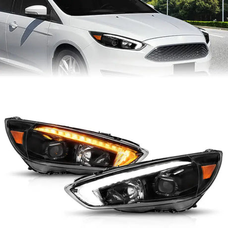 Aftermarket Ford Focus projector headlights with LED daytime running lights and light bar switchback