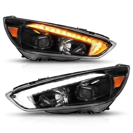 Black Ford Focus projector headlights with switchable amber and white LED light bar switchback