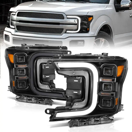 Anzo 18-20 Ford F-150 Full LED Projector Smoke Bar Style Headlights Black Amber with high-intensity LEDs.