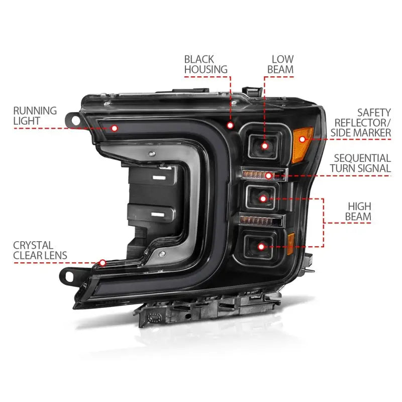 Anzo 18-20 Ford F-150 Full LED Projector Smoke Bar Style Headlights in Black Housing with Clear Lens, Featuring Sequential Turn Signal, Low and High Beam Functions.