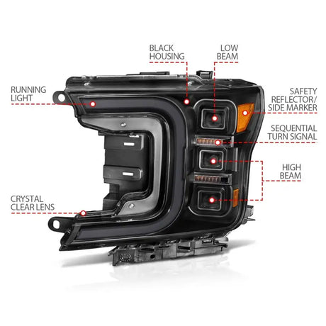 Anzo 18-20 Ford F-150 Full LED Projector Smoke Bar Style Headlights in Black Housing with Clear Lens, Featuring Sequential Turn Signal, Low and High Beam Functions.