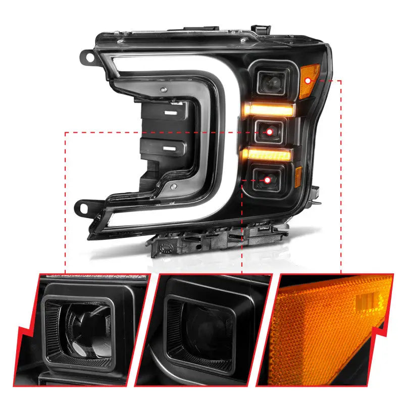 Anzo 18-20 Ford F-150 Full LED Projector Headlights with Smoke Light Bar Style, Black Amber, Clear Lens, Black Housing, Sequential, Plug and Play Installation, D.O.T. Compliant.
