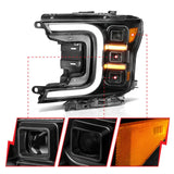 Anzo 18-20 Ford F-150 Full LED Projector Headlights with Smoke Light Bar Style, Black Amber, Clear Lens, Black Housing, Sequential, Plug and Play Installation, D.O.T. Compliant.