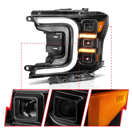 Anzo 18-20 Ford F-150 Full LED Projector Headlights with Smoke Light Bar Style, Black Amber, Clear Lens, Black Housing, Sequential, Plug and Play Installation, D.O.T. Compliant.