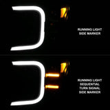 Anzo 18-20 Ford F-150 Full LED Projector Smoke Bar Style Headlights Black Amber with running light, side marker, and sequential turn signal, clear lens, black housing.