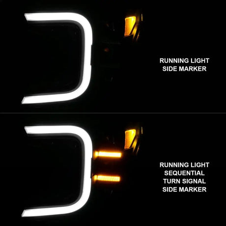 Anzo 18-20 Ford F-150 Full LED Projector Smoke Bar Style Headlights Black Amber with running light, side marker, and sequential turn signal, clear lens, black housing.