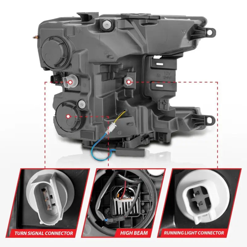 Anzo 18-20 Ford F-150 Full LED Projector Smoke Bar Style Headlight with black housing, featuring clear lens, turn signal connector, high beam, and running light connector for easy installation.