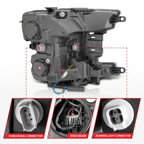 Anzo 18-20 Ford F-150 Full LED Projector Smoke Bar Style Headlight with black housing, featuring clear lens, turn signal connector, high beam, and running light connector for easy installation.