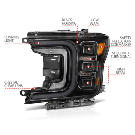 Anzo 18-20 Ford F-150 Full LED Projector Headlights with smoke bar style, black housing, clear lens, sequential turn signal, and safety reflector.