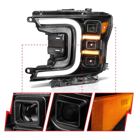 Anzo 18-20 Ford F-150 Full LED Projector Smoke Bar Style Headlights with Black Amber housing shown in detail views.