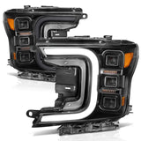 Anzo 18-20 Ford F-150 Full LED Projector Smoke Bar Style Headlights Black Amber - LED Projector Headlight Set, Clear Lens, Black Housing.