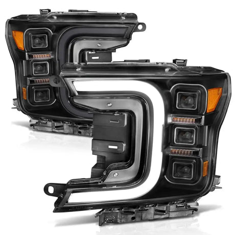 Anzo 18-20 Ford F-150 Full LED Projector Smoke Bar Style Headlights Black Amber - LED Projector Headlight Set, Clear Lens, Black Housing.