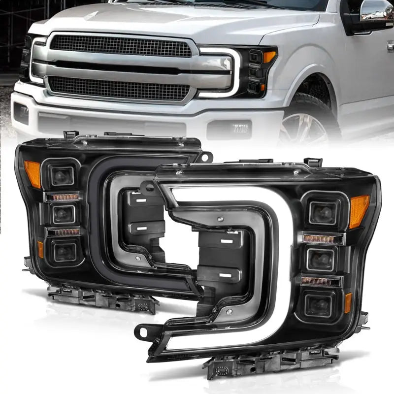 Anzo LED Projector Headlight Set with Clear Lens, Black Housing, and Smoke Bar Style for 18-20 Ford F-150, enhance vehicle appearance with simple plug-and-play installation.